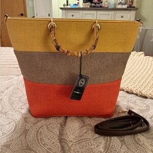 NWT Wenz woven color-block tote with bamboo handles